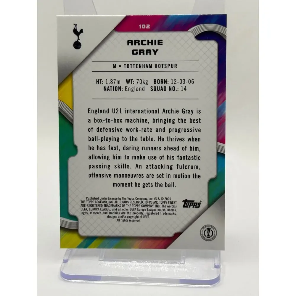 2024-25 Topps Finest UEFA Archie Gray Rookie Green Lava Refractor 36/99 SP RC - Picture 2 of 2